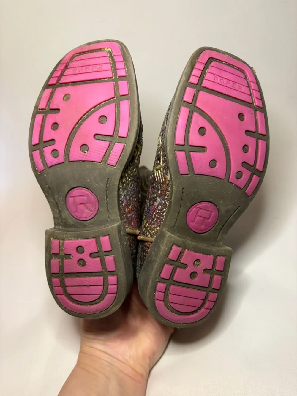 Roper Kids Aztec Glitter Square Toe wCowboy Boots‎ Brown Multi Color Size 12 EUC